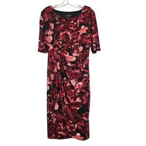 Connected Apparel Stretchy Black Red Pink Floral Rushed Wrap Style Dress 10